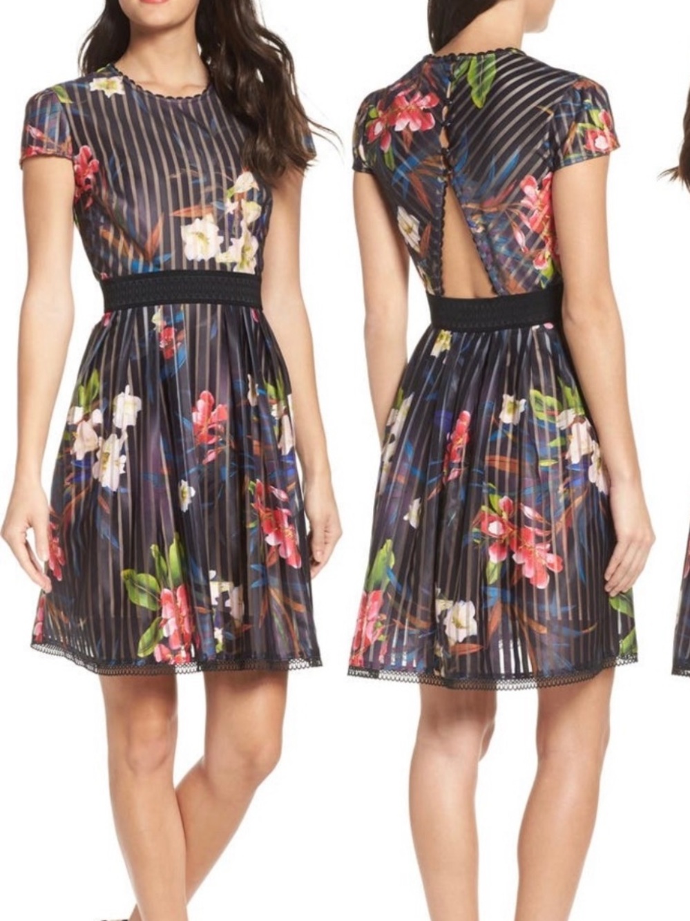 Floral Stripe Fit-and-Flare Dress Women’s Skater Dress A-Line Dress Nordstrom L
